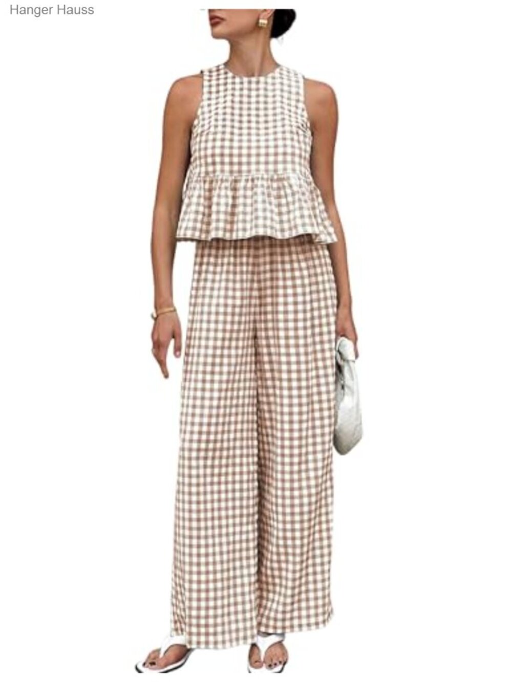 Sleeveless 2 Piece Gingham Set with Ruffle Tank and Wide Leg Pants